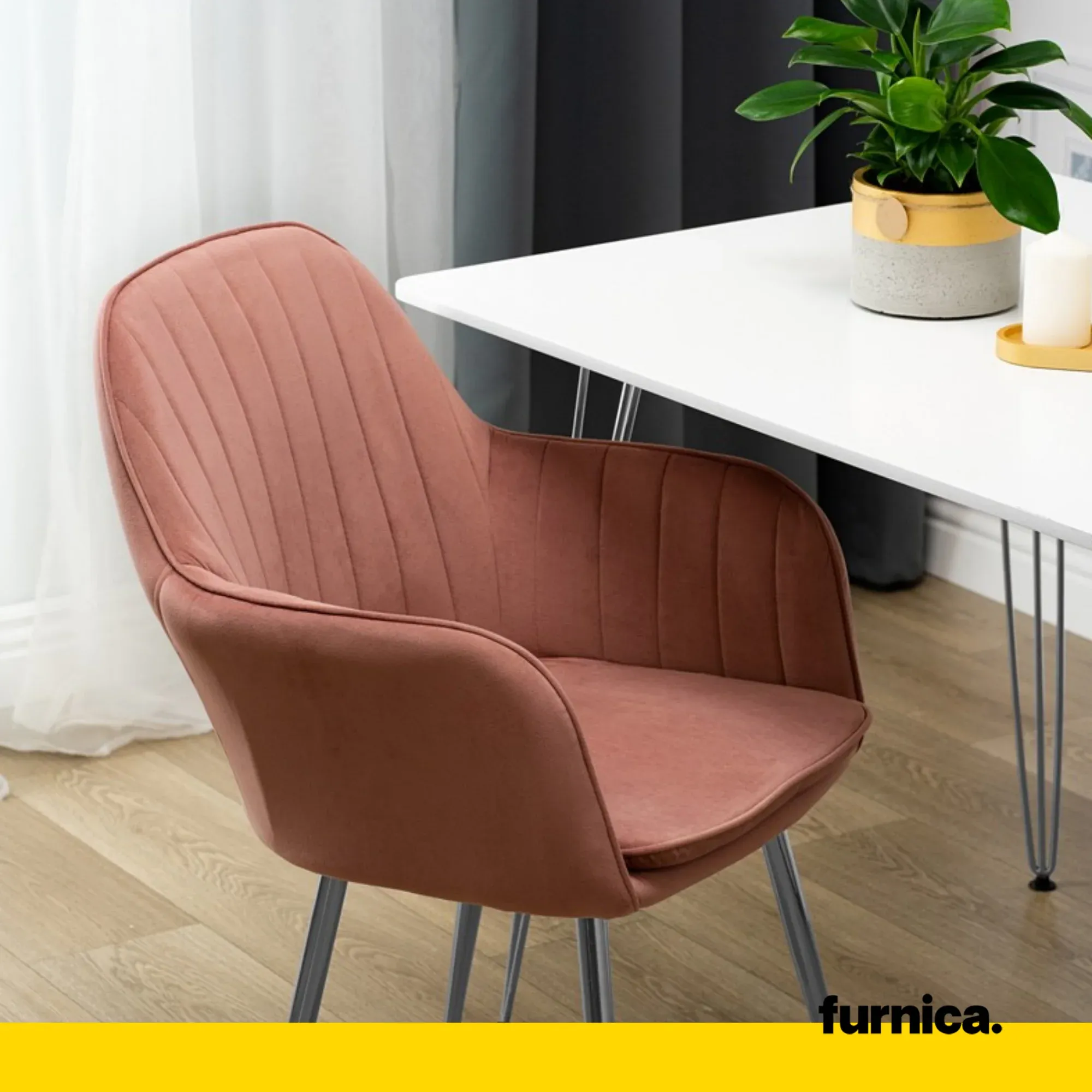 AMEDEO - Chaise de Salle à Manger / Bureau en Velours Matelassé avec Pieds en Chrome Argenté - Rose Foncé – Image 6